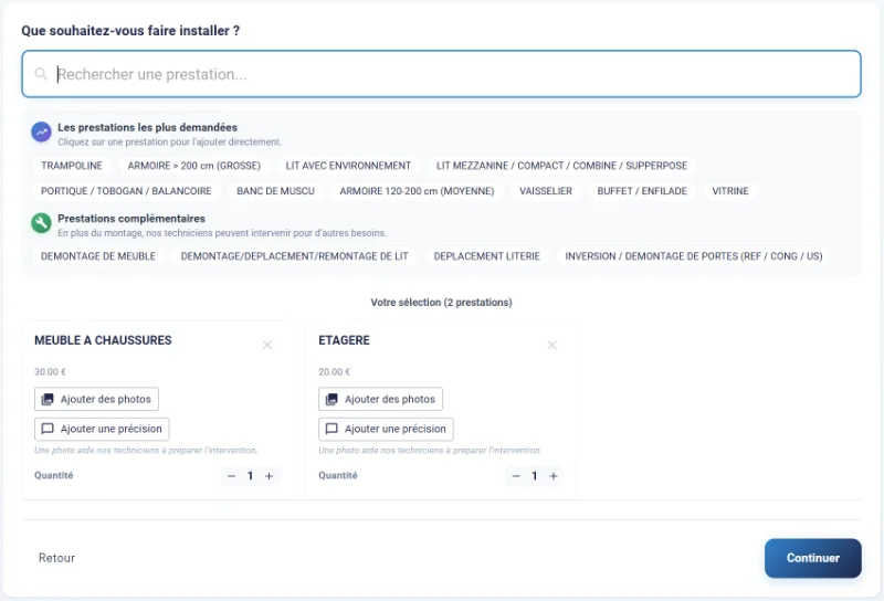 Exemple de l'étape de choix des meubles à monter